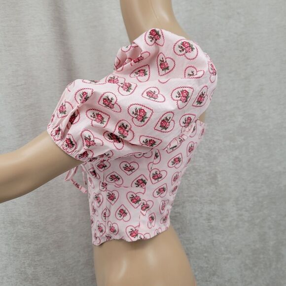 Pretty Garbage Pink Rose Heart Print Corset Crop Top Puffed Sleeves NEW - Picture 5 of 13